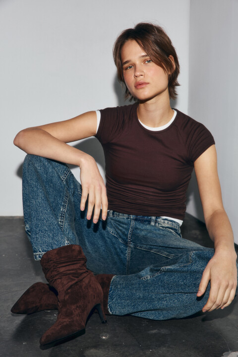 

Ботильоны с замшевой фактурой и складками, Коричневый, Ботильоны с замшевой фактурой и складками