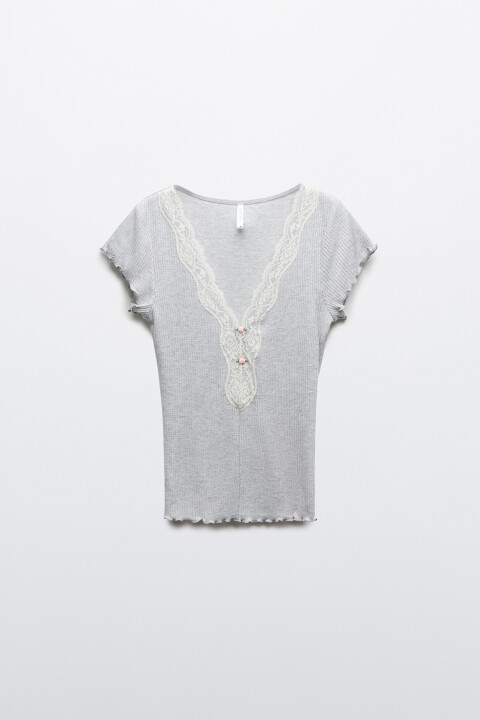 

Блузка-топ облегающая в рубчик с кружевом, Сиреневый, Блузка-топ облегающая в рубчик с кружевом