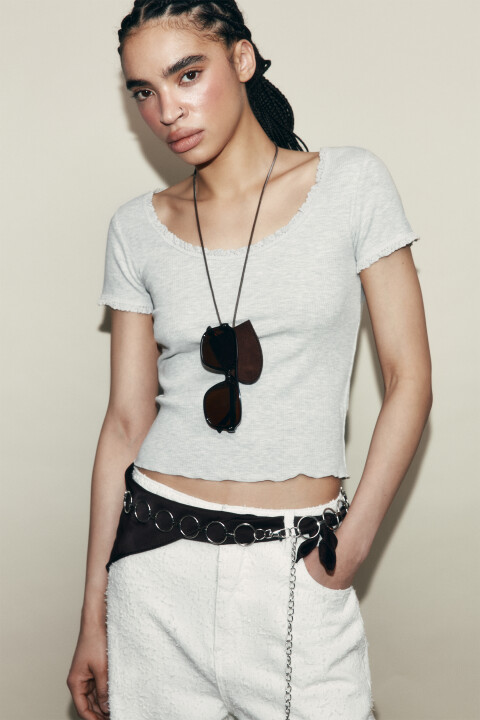 

Футболка облегающая из хлопка с кружевом, Серый, Футболка облегающая из хлопка с кружевом