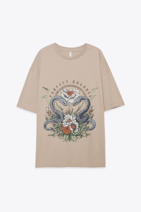 

Футболка хлопковая оверсайз с принтом, Бежевый, Футболка хлопковая оверсайз с принтом