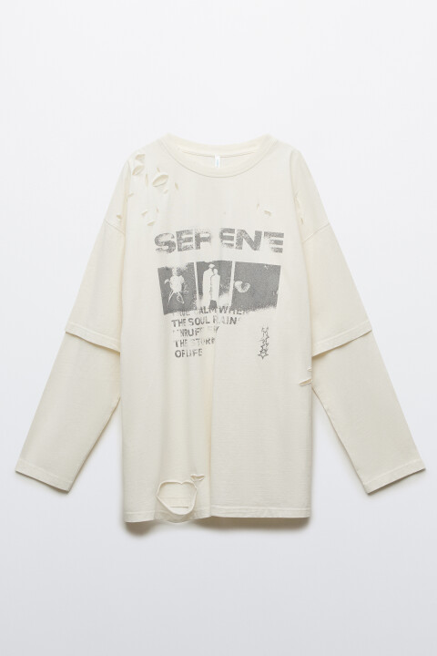 

Лонгслив рваный с имитацией второго слоя, Белый, Лонгслив рваный с имитацией второго слоя