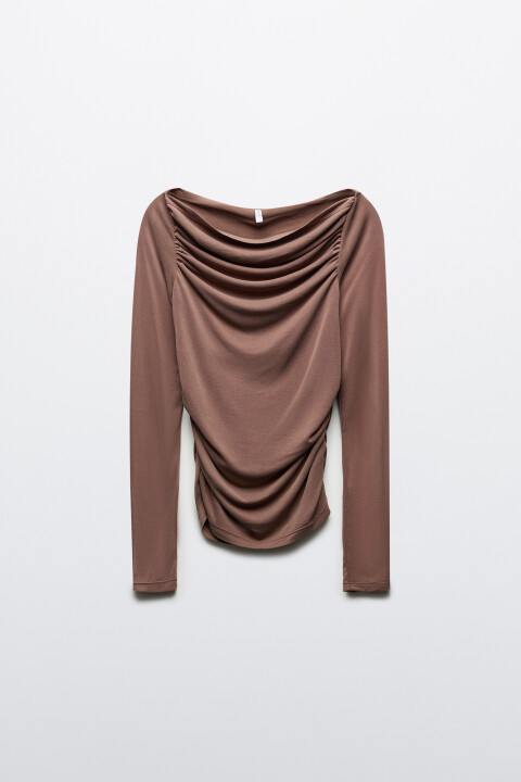 

Лонгслив полуприлегающий из модала со складками, Бежевый, Лонгслив полуприлегающий из модала со складками