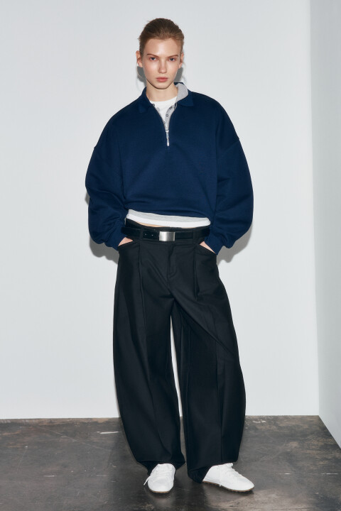 

Худи оверсайз из футера с отложным воротником на молнии, Синий, Худи оверсайз из футера с отложным воротником на молнии