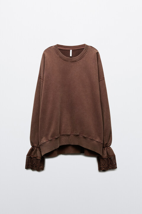 

Свитшот из футера с кружевными манжетами, Коричневый, свитшот из футера с кружевными манжетами