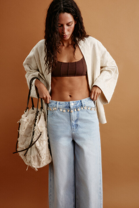 

Куртка-кимоно джинсовая с узором, Бежевый, Куртка-кимоно джинсовая с узором