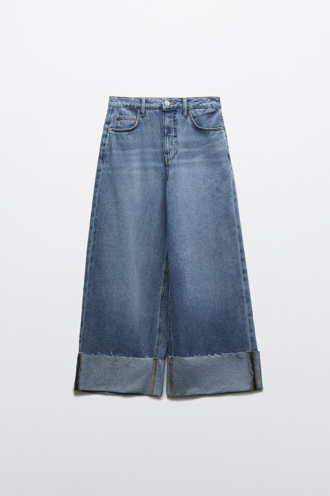 

Джинсы wide leg с высокой посадкой и подворотами, Голубой, Джинсы wide leg с высокой посадкой и подворотами