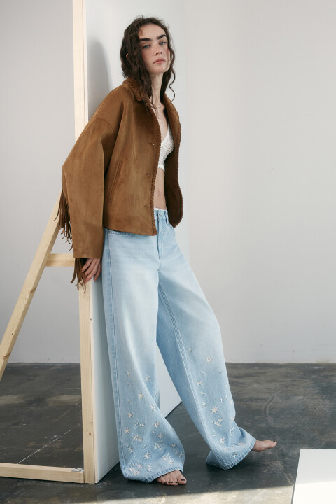 

Джинсы wide leg со средней посадкой и вышивкой, Голубой, Джинсы wide leg со средней посадкой и вышивкой