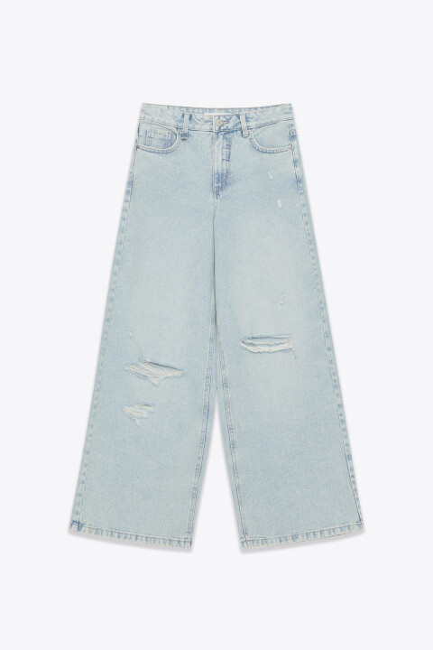 

Джинсы широкие рваные с высокой посадкой, Синий, Джинсы широкие рваные с высокой посадкой