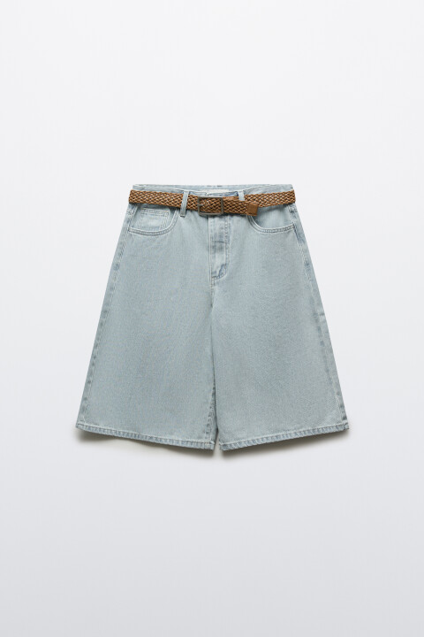 

Шорты-бермуды джинсовые с высокой посадкой и ремнем, Голубой, Шорты-бермуды джинсовые с высокой посадкой и ремнем