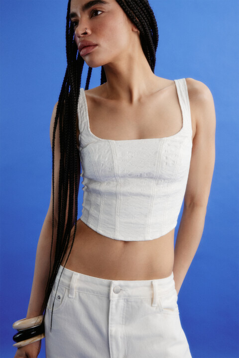 

Топ-корсет джинсовый на молнии с узором, Белый, Топ-корсет джинсовый на молнии с узором