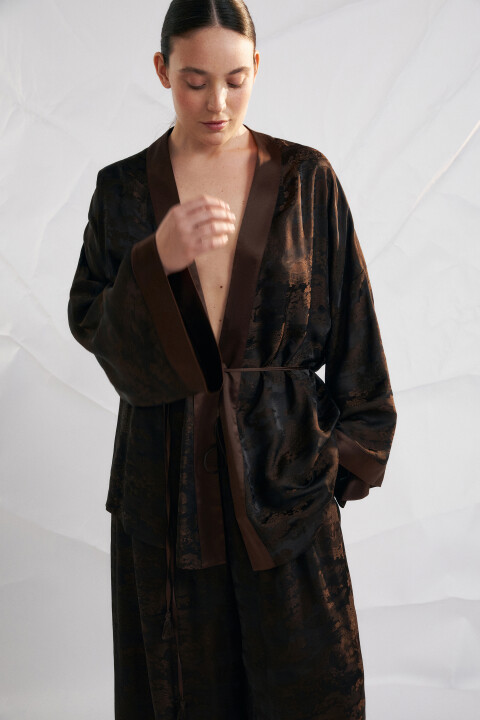 

Жакет-кимоно вискозный на завязках с узором, Коричневый, Жакет-кимоно вискозный на завязках с узором