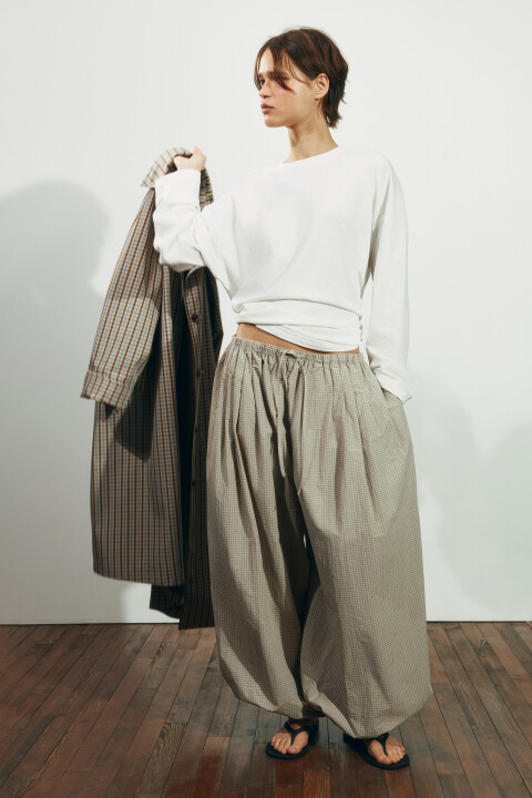 

Брюки-аладдины в клетку на завязках, Бежевый, Брюки-аладдины в клетку на завязках