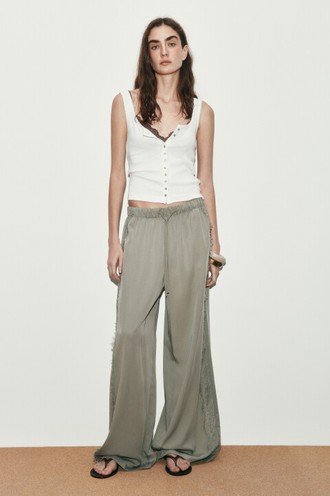 

Брюки wide leg из тенсела на завязках с кружевом, Зеленый, Брюки wide leg из тенсела на завязках с кружевом