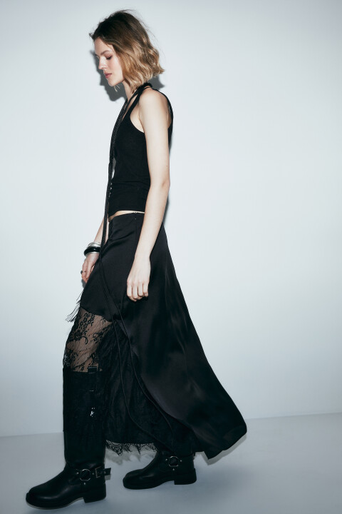 

Юбка макси асимметричная двухслойная с кружевом, Черный, Юбка макси асимметричная двухслойная с кружевом