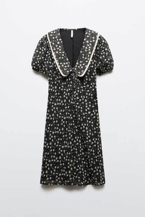 

Платье мини с воротником и принтом, Черный, Платье мини с воротником и принтом