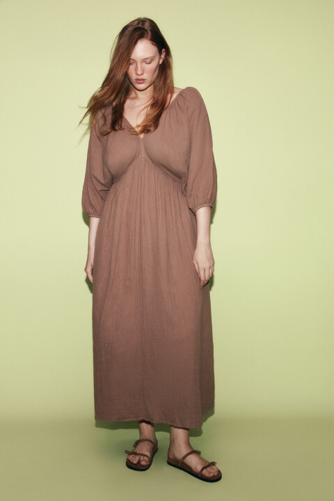 

Платье макси из хлопкового муслина с пышными рукавами, Коричневый, Платье макси из хлопкового муслина с пышными рукавами