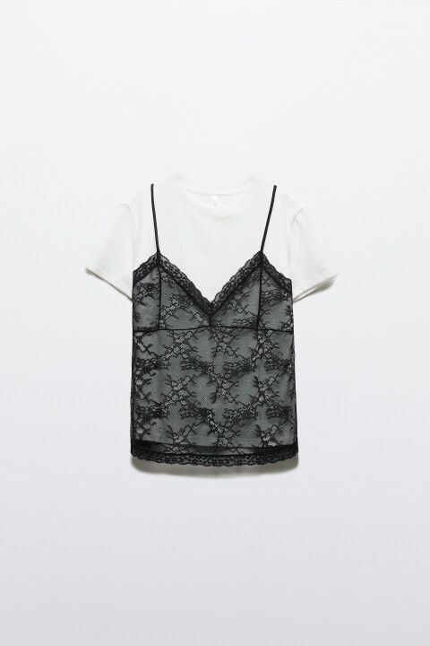 

Блузка-топ кружевная с имитацией футболки, Черный, Блузка-топ кружевная с имитацией футболки