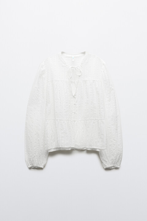 

Блузка хлопковая с баской и завязками, Белый, Блузка хлопковая с баской и завязками