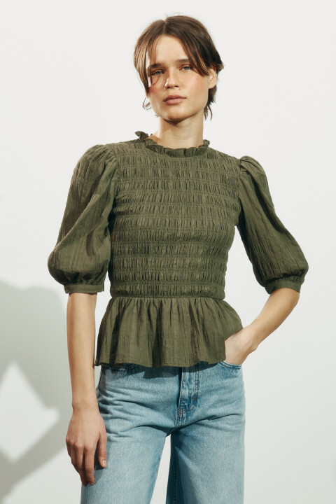 

Блузка хлопковая с баской и рукавами-фонариками, Зеленый, Блузка хлопковая с баской и рукавами-фонариками