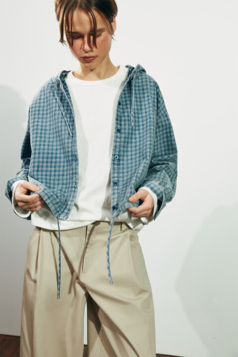 

Рубашка-бомбер в клетку с капюшоном, Синий, Рубашка-бомбер в клетку с капюшоном