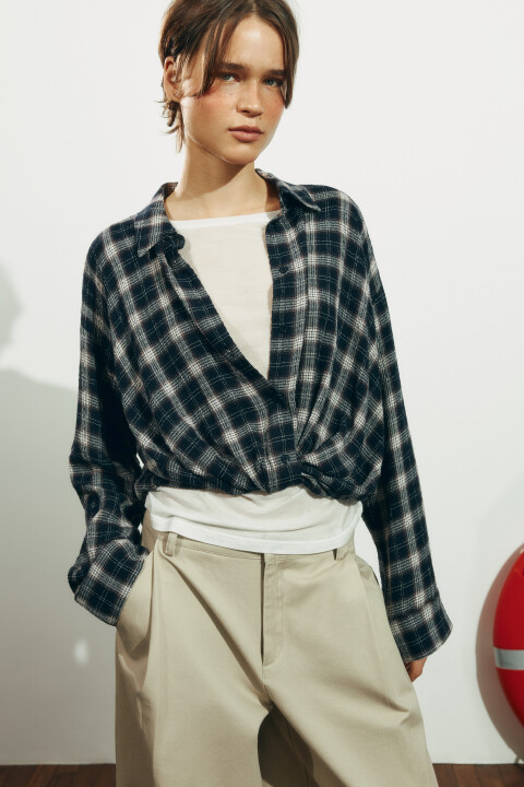 

Рубашка в клетку с присборенным нижним краем, Синий, Рубашка в клетку с присборенным нижним краем