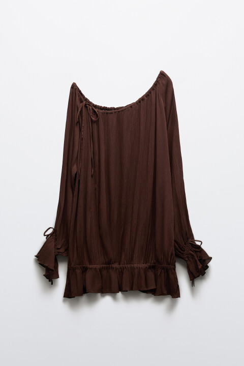 

Блузка вискозная на одно плечо с завязками, Коричневый, Блузка вискозная на одно плечо с завязками