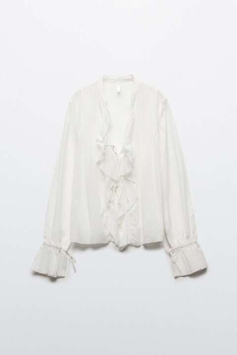 

Блузка хлопковая на завязках с воланами, Сиреневый, Блузка хлопковая на завязках с воланами