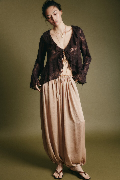 

Блузка шифоновая с воланами на завязках, Коричневый, Блузка шифоновая с воланами на завязках