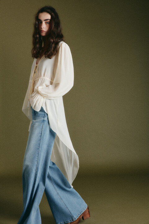 

Блузка шифоновая на завязках со шлейфом, Молочный, Блузка шифоновая на завязках со шлейфом