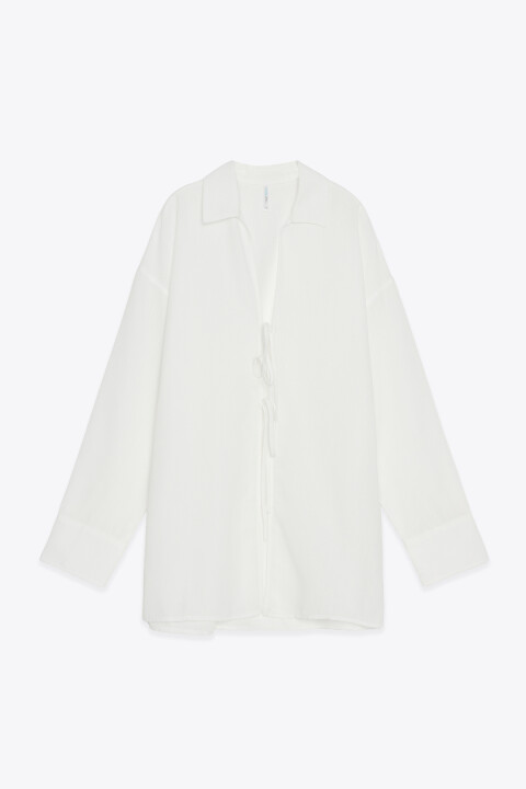 

Рубашка на завязках с глубоким вырезом, Молочный, Рубашка на завязках с глубоким вырезом