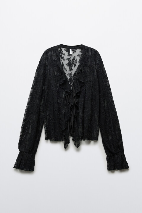 

Блузка кружевная на шнуровке, Черный, Блузка кружевная на шнуровке