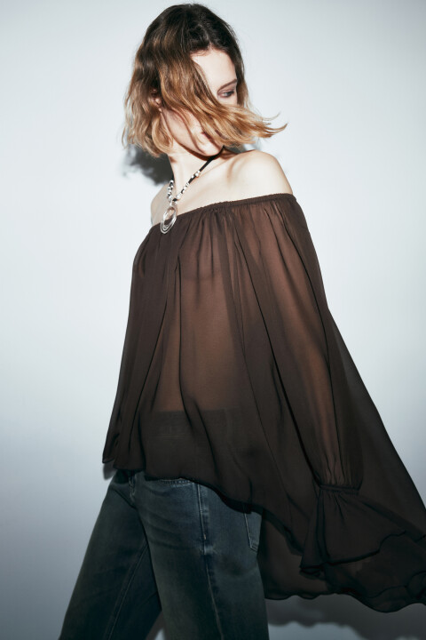

Блузка шифоновая с воланами, Коричневый, Блузка шифоновая с воланами