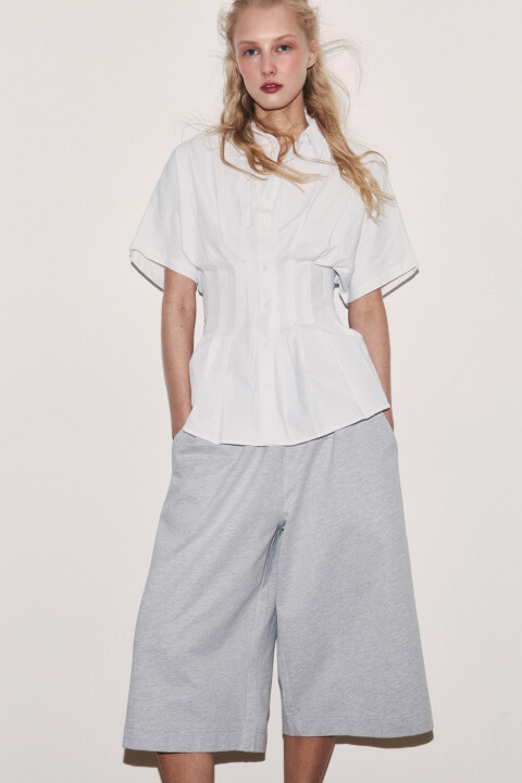 

Блузка приталенная с коротким рукавом и складками, Голубой, Блузка приталенная с коротким рукавом и складками