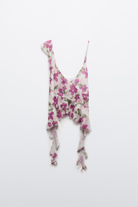 

Блузка-топ сетчатая с оборками и принтом, Бежевый, Блузка-топ сетчатая с оборками и принтом