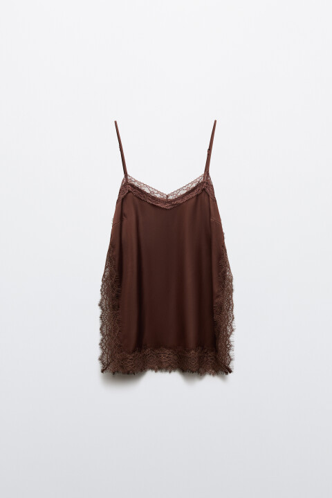 

Майка-топ атласная на бретелях с кружевом, Коричневый, Майка-топ атласная на бретелях с кружевом
