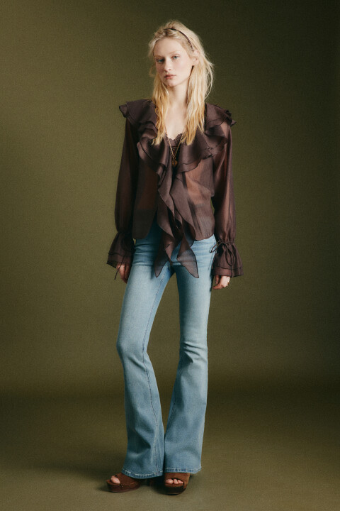 

Блузка шифоновая с воланами на завязках, Коричневый, Блузка шифоновая с воланами на завязках