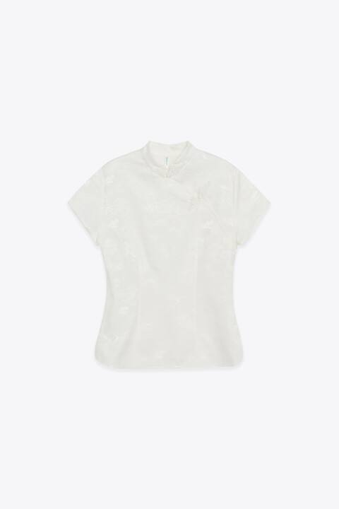 

Блузка атласная с воротником-стойкой в азиатском стиле, Молочный, Блузка атласная с воротником-стойкой в азиатском стиле