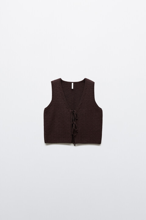 

Жилет вязаный полуприлегающий на завязках, Коричневый, Жилет вязаный полуприлегающий на завязках