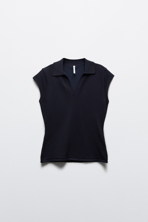 

Футболка-поло вязаная с коротким рукавом, Синий, Футболка-поло вязаная с коротким рукавом