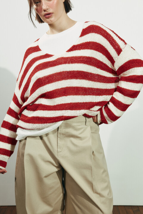 

Джемпер вязаный из ленточной пряжи в полоску, Красный, Джемпер вязаный из ленточной пряжи в полоску