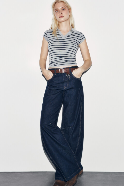 

Футболка-поло полуприлегающая вязаная в полоску, Серый, Футболка-поло полуприлегающая вязаная в полоску