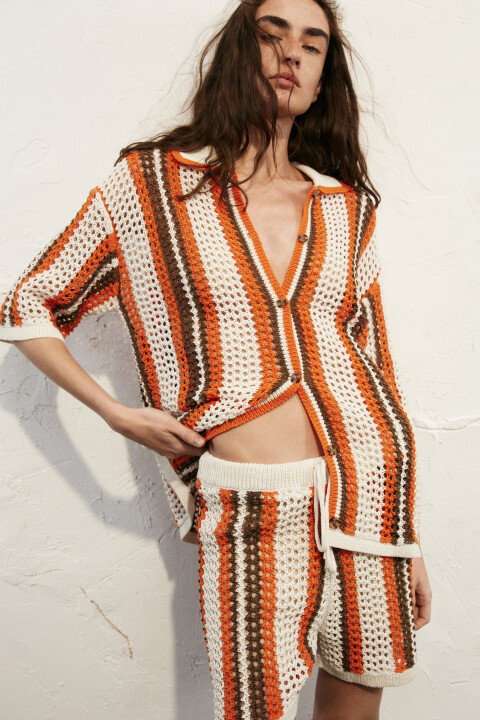 

Кардиган-поло кроше с коротким рукавом в полоску, Оранжевый, Кардиган-поло кроше с коротким рукавом в полоску