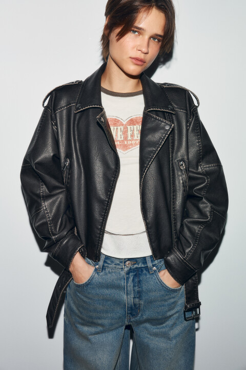 

Куртка-косуха укороченная с вареным эффектом, Коричневый, Куртка-косуха укороченная с вареным эффектом