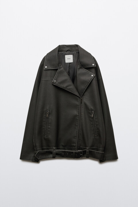 

Куртка-косуха с кожаной фактурой и ремешком, Серый, Куртка-косуха с кожаной фактурой и ремешком