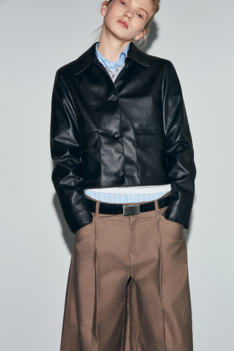 

Куртка с кожаной фактурой укороченная без капюшона, Черный, Куртка с кожаной фактурой укороченная без капюшона