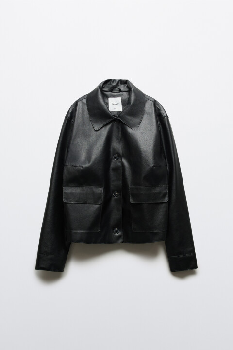 

Косуха с кожаной фактурой укороченная без капюшона, Черный, Косуха с кожаной фактурой укороченная без капюшона