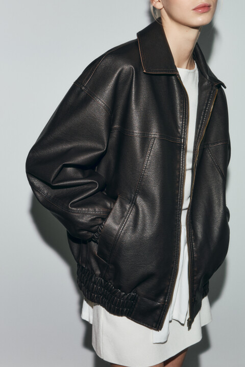 

Куртка-бомбер без капюшона с кожаной фактурой, Коричневый, Куртка-бомбер без капюшона с кожаной фактурой