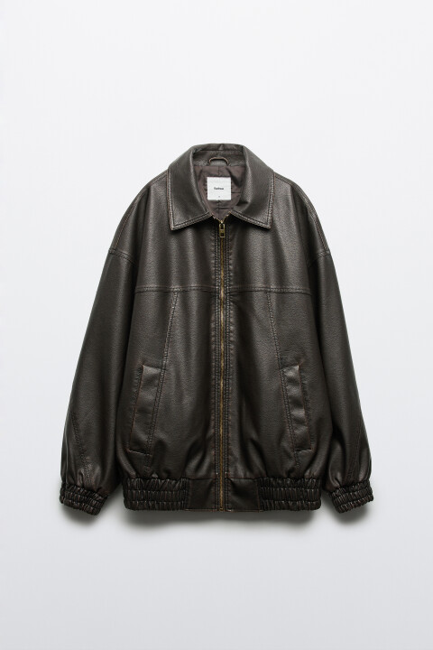 

Куртка-бомбер без капюшона с кожаной фактурой, Коричневый, Куртка-бомбер без капюшона с кожаной фактурой