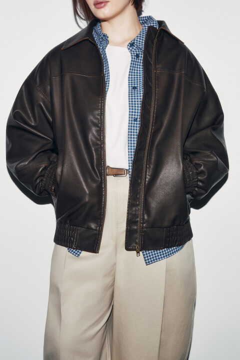 

Куртка-бомбер с кожаной фактурой без капюшона, Коричневый, Куртка-бомбер с кожаной фактурой без капюшона