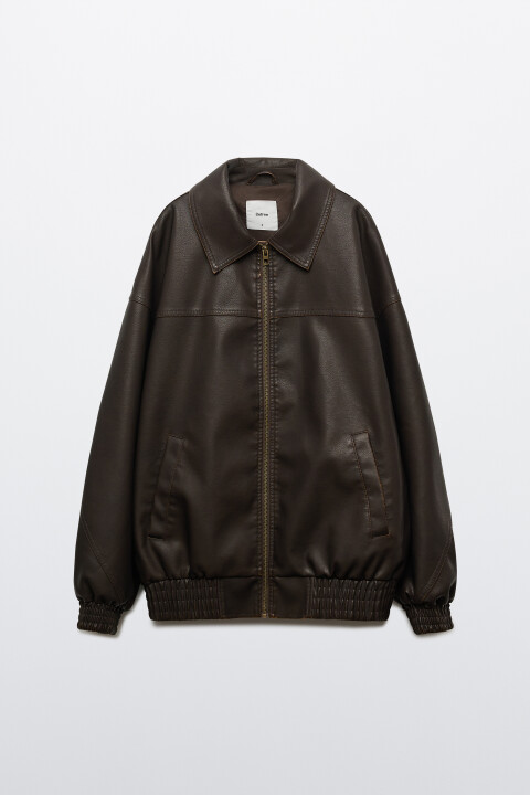 

Куртка-бомбер с кожаной фактурой без капюшона, Коричневый, Куртка-бомбер с кожаной фактурой без капюшона